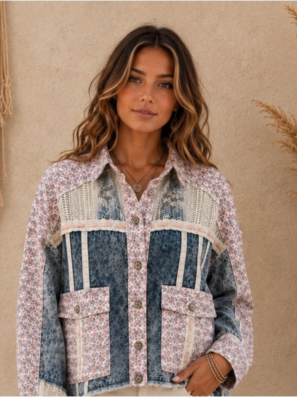 POL NWOT Boho Shirt Jacket - Patchwork Denim Short Shacket - Lace - Floral
